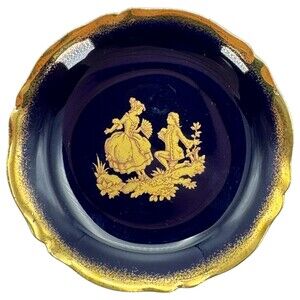 Limoges Courting Couple Figures Plate ~3.5" Blue Gold Porcelain France VTG